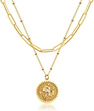 Layered Birth Flower Necklace for Women 18K Gold Plated Double Layered Engraved Custom Floral Pendant Dainty Birth Month Flower Disc Coin Necklaces Personalized Jewelry