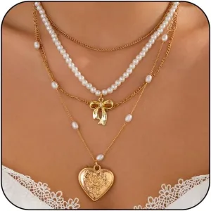 Layered Gold Bow Pearl Necklace for Women Trendy, Charm Boho Enamel Bow Knot Heart Pendant Necklace Dainty Beaded Pearl Choker Necklace Jewelry Gifts