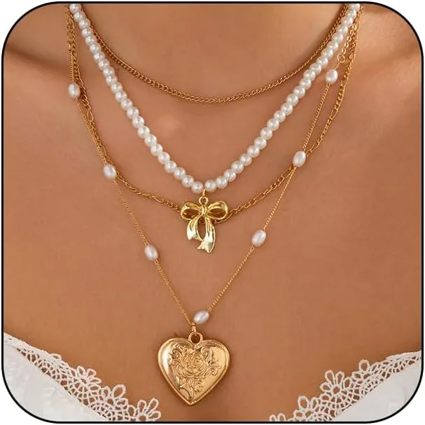 Layered Gold Bow Pearl Necklace for Women Trendy, Charm Boho Enamel Bow Knot Heart Pendant Necklace Dainty Beaded Pearl Choker Necklace Jewelry Gifts