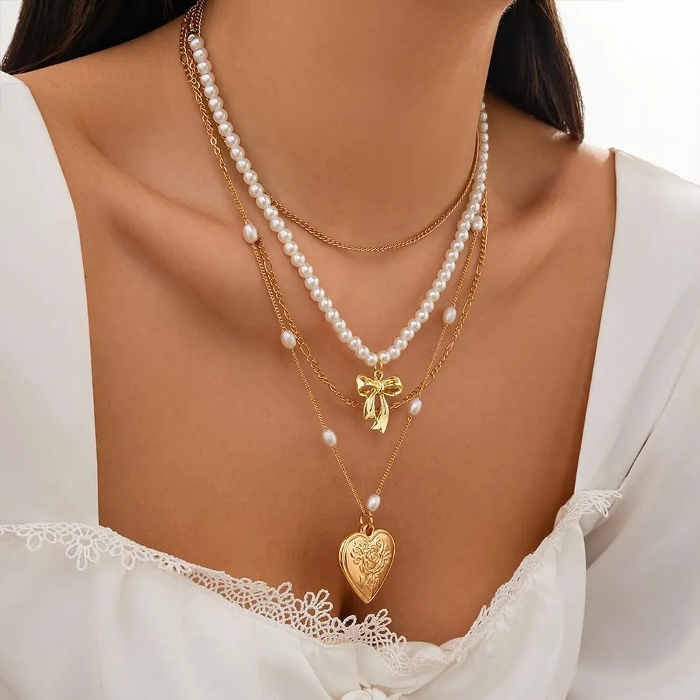 Layered Gold Bow Pearl Necklace for Women Trendy, Charm Boho Enamel Bow Knot Heart Pendant Necklace Dainty Beaded Pearl Choker Necklace Jewelry Gifts