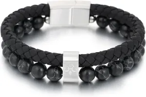 Layered Leather Beads Bracelets for Men Braided Leather Bracelet Lava Rock Beads Leather Bracelet with Stainless Steel Clasp Fleur De Lis,Bead Bracelets Jewelry Gifts for Men Boys Husband