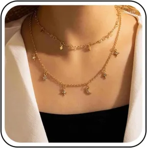 Layered Star Moon Choker Necklace Rhinestone Moon Star Dangle Necklaces Gold Crystal Necklace Bohemian Layering Crescent Necklace Jewelry for Women