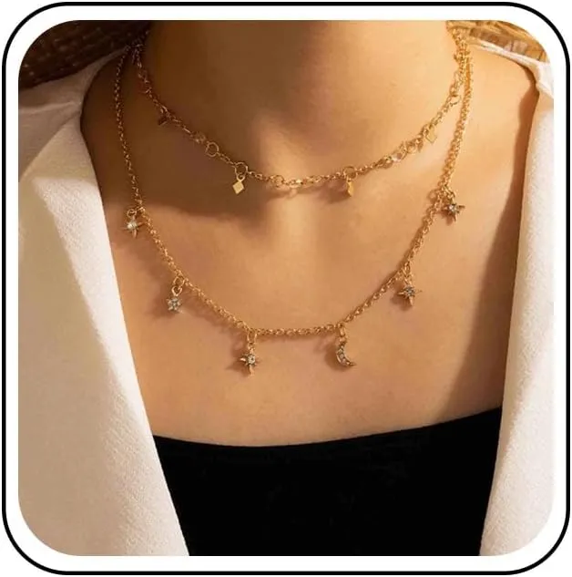 Layered Star Moon Choker Necklace Rhinestone Moon Star Dangle Necklaces Gold Crystal Necklace Bohemian Layering Crescent Necklace Jewelry for Women