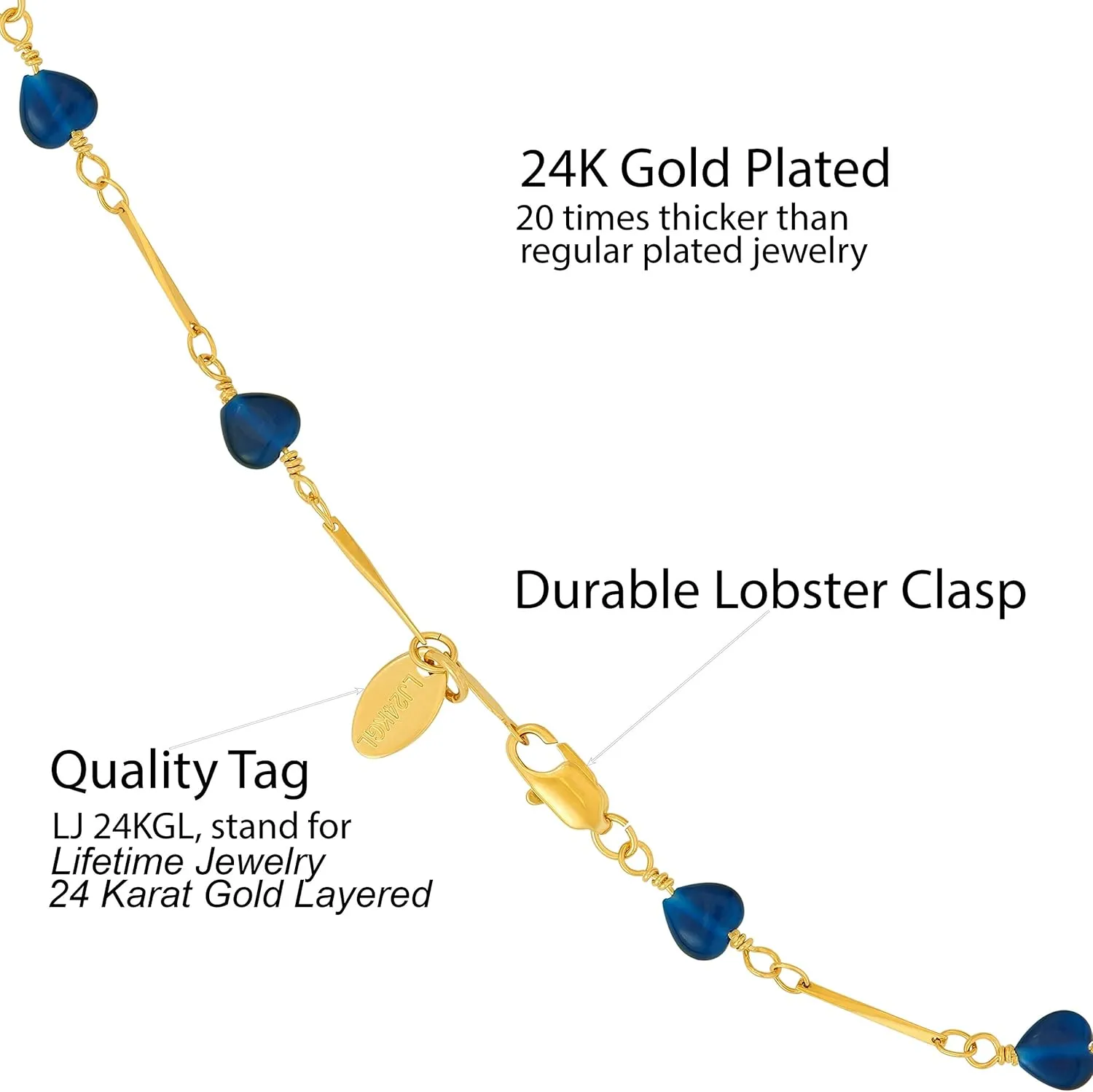 LIFETIME JEWELRY Womens Gold Anklet Blue Hearts Ankle Bracelet for Girls and Teen 24k Gold Plated