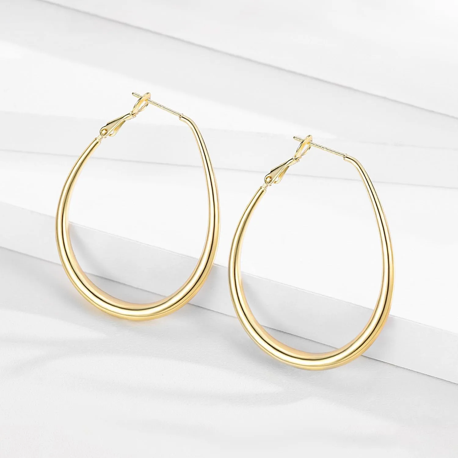Lightweight Oval Hoop Earrings for Women - 14K Gold Plated, Rose Gold Plated and Sterling Silver Plated Large Oblong Hoop Earrings for Women Statement Jewelry Gift