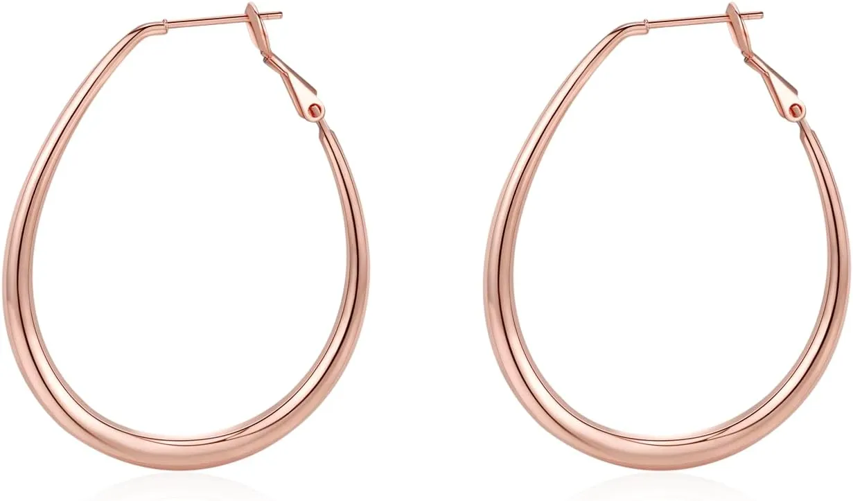 Lightweight Oval Hoop Earrings for Women - 14K Gold Plated, Rose Gold Plated and Sterling Silver Plated Large Oblong Hoop Earrings for Women Statement Jewelry Gift