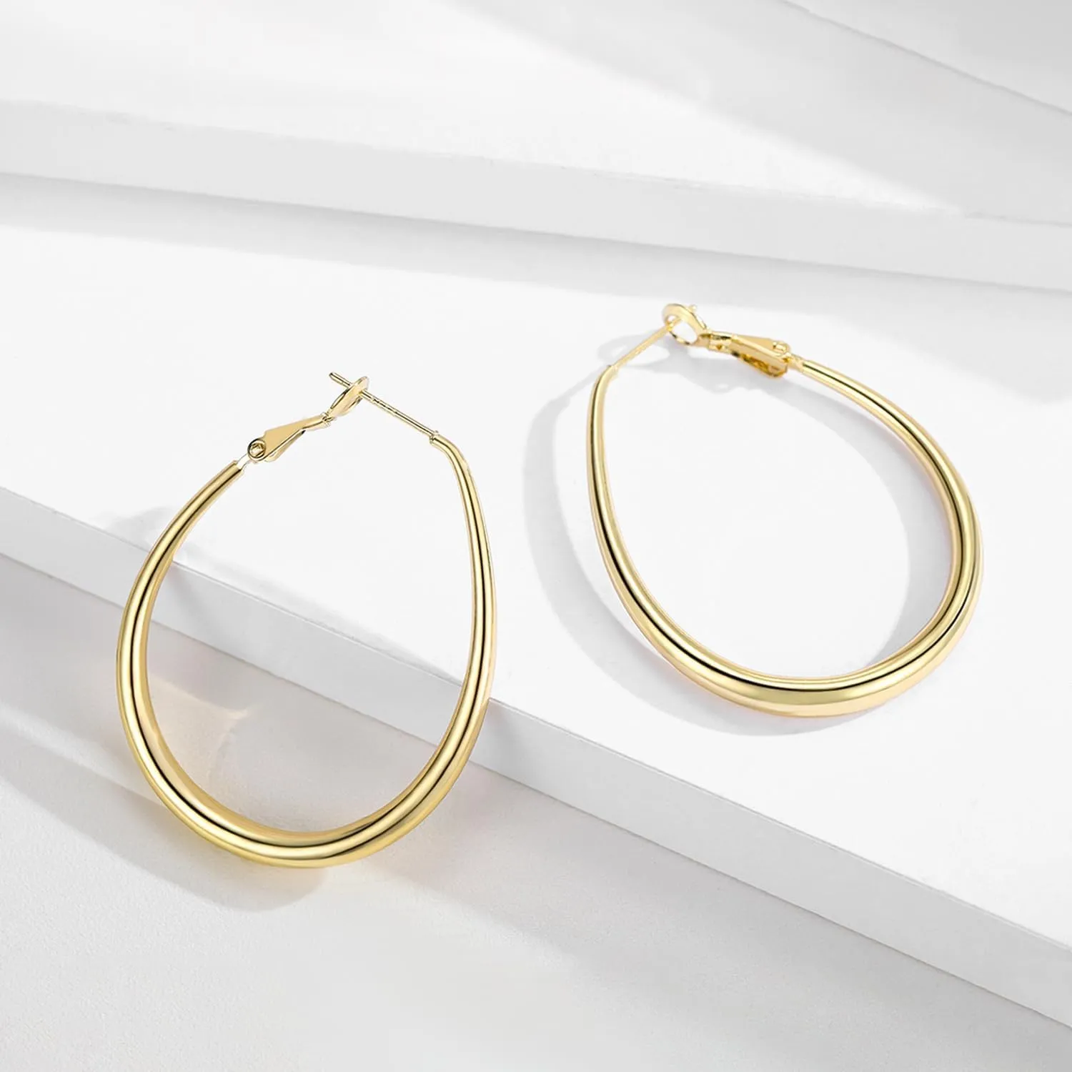 Lightweight Oval Hoop Earrings for Women - 14K Gold Plated, Rose Gold Plated and Sterling Silver Plated Large Oblong Hoop Earrings for Women Statement Jewelry Gift