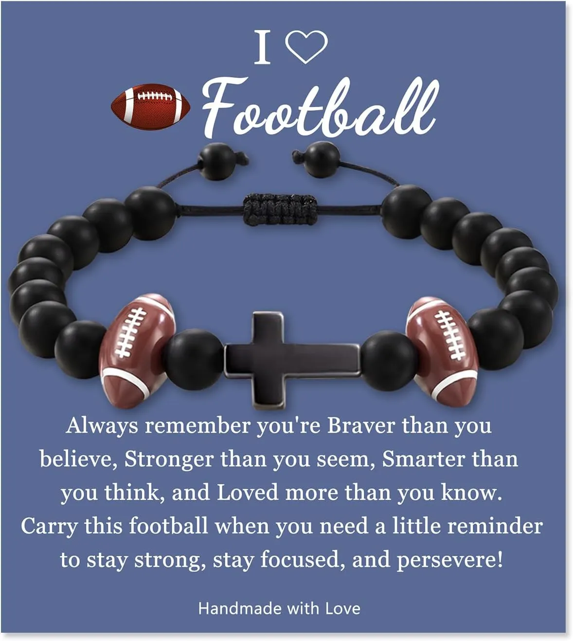 LINY Soccer Black Football Bracelets for Nephew Grandson Adjustable Braided Rope Beaded Sports Bracelet for Boys Graduation Birthday Gifts