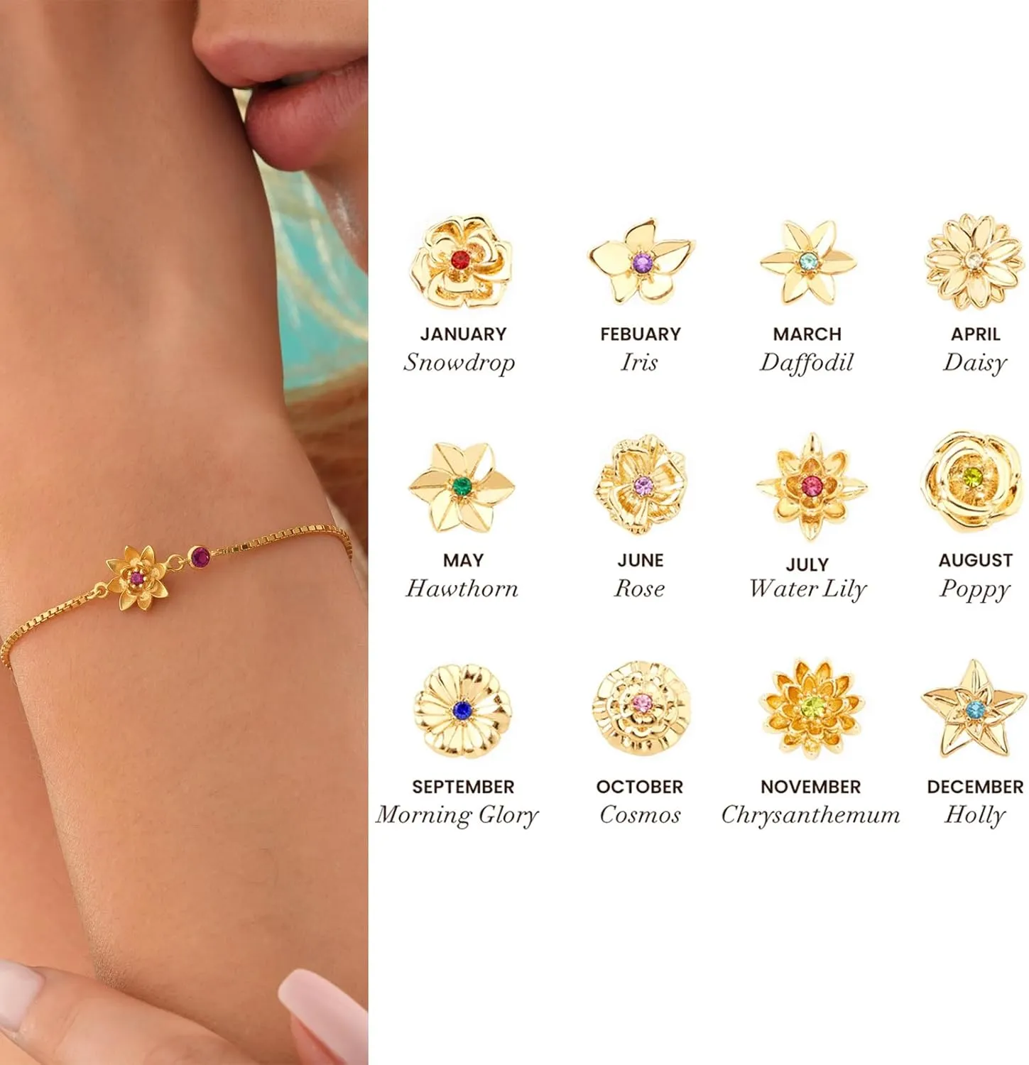 LIU JUN Birthstone Bracelets For Women, To My Mom 18k Plated Birth Flower Cubic Zirconia Inlaid Birthday Gift Jewelry