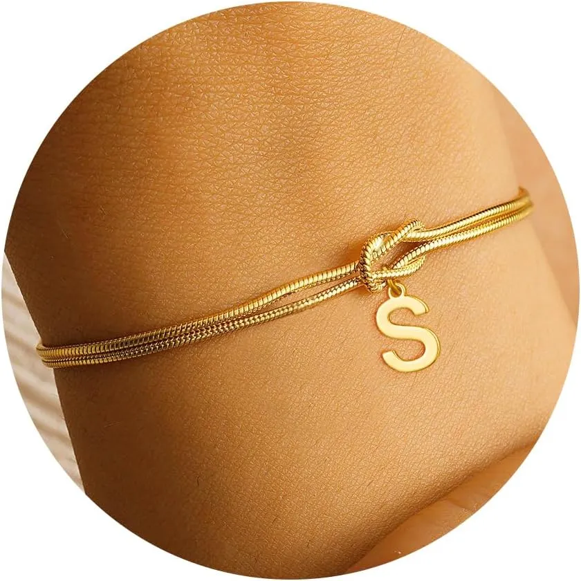 Love Knot Bracelet A-Z Letter Initial Bracelets for Women Adjustable Bond Knot Gold and S925 Silver Minimalist Bracelet Couples Friendship Lover Gift