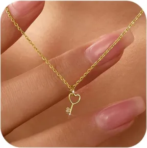 LOVECOM Heart Key Necklaces for Women 14K Gold Plated Love Heart Charm Pendant Necklace 925 Sterling Silver Key Chain Necklace Jewelry for Couple Girlfriend Daughter