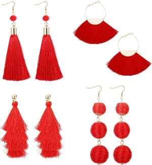 LOYALLOOK 4Pairs Tassel Earrings For Women Fan Shape Tassel Earrings Long Thread Tassel Earrings Bohemian Fringe Drop Handmade Earrings