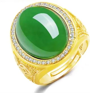 LSCZSLYH Luxury Oval Green Jade Vintage Emerald Gemstones Diamonds Rings For Men Women White Gold Silver Color Fine Jewelry Bands (Gem Color : Gold color ring, Ring Size : Resizable)