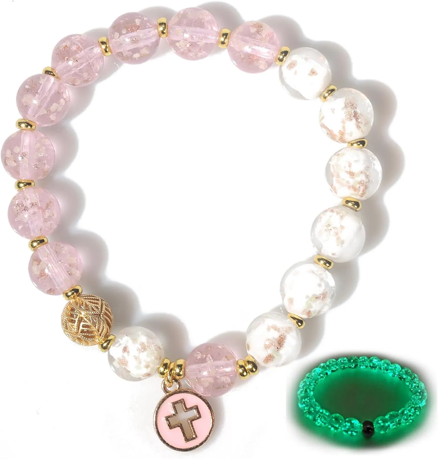 Luminous Crystal Beads Bracelet for Men Women, Religious Christian Cross Stretch Beaded Bracelet Firefly Glowing in the Dark Healing Anxiety Bracelets