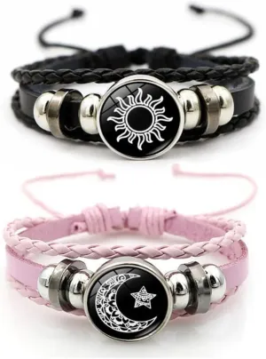 Luminous Sun and Moon Couple Bracelets: Exquisite Glow-in-the-Dark Matching Braided Leather Jewelry for Lovers