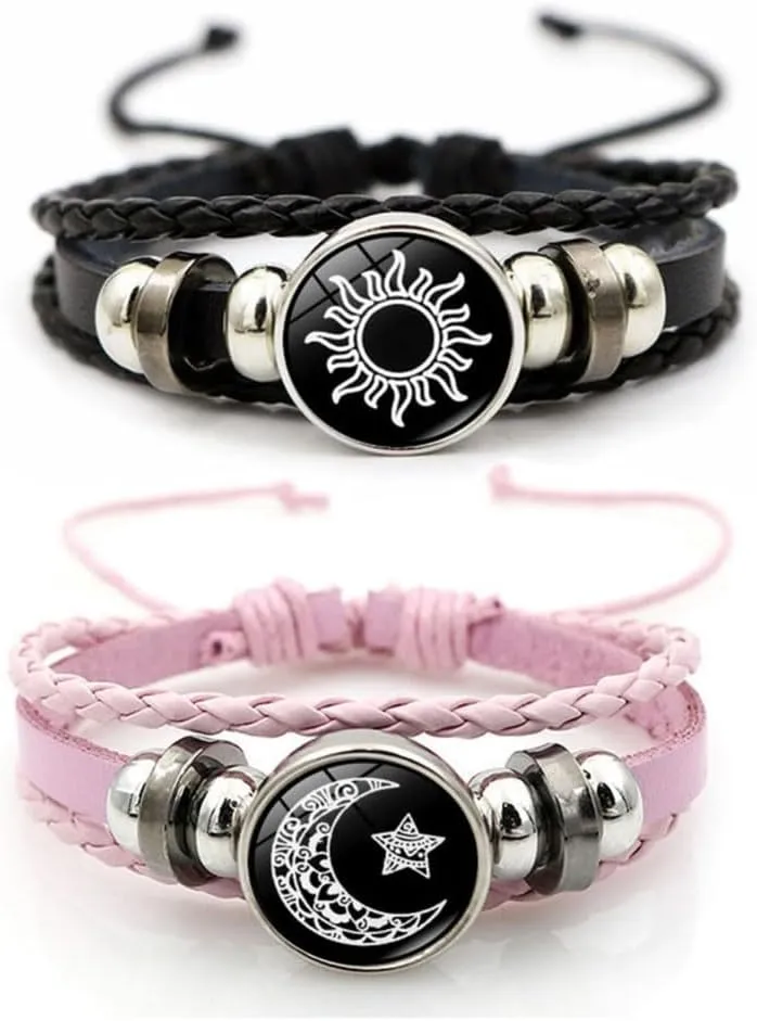 Luminous Sun and Moon Couple Bracelets: Exquisite Glow-in-the-Dark Matching Braided Leather Jewelry for Lovers