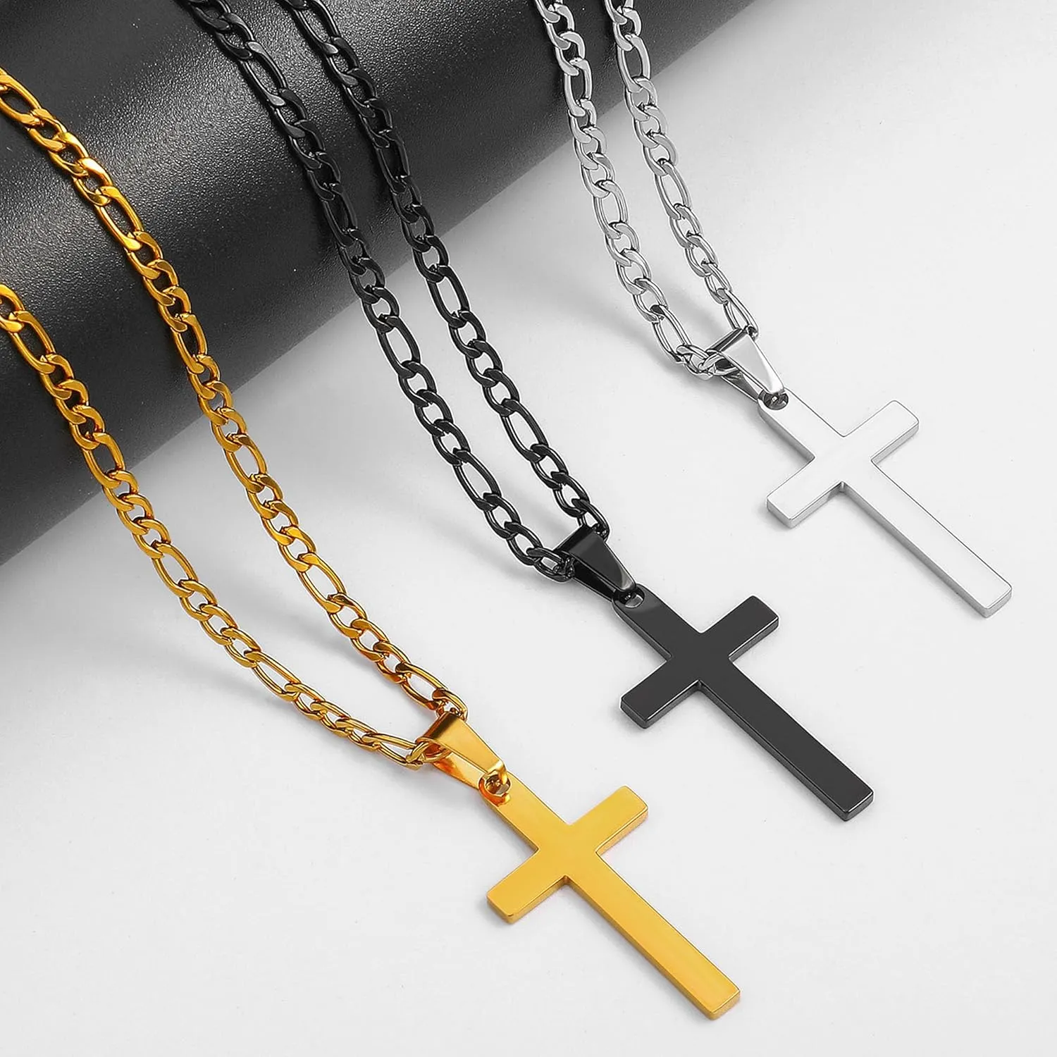 LUXEJEW Stainless Steel Cross Necklaces for Men Women Black Silver Gold Figaro Chain Cross Pendant Necklace Mens Jewelry 16-24 Inches