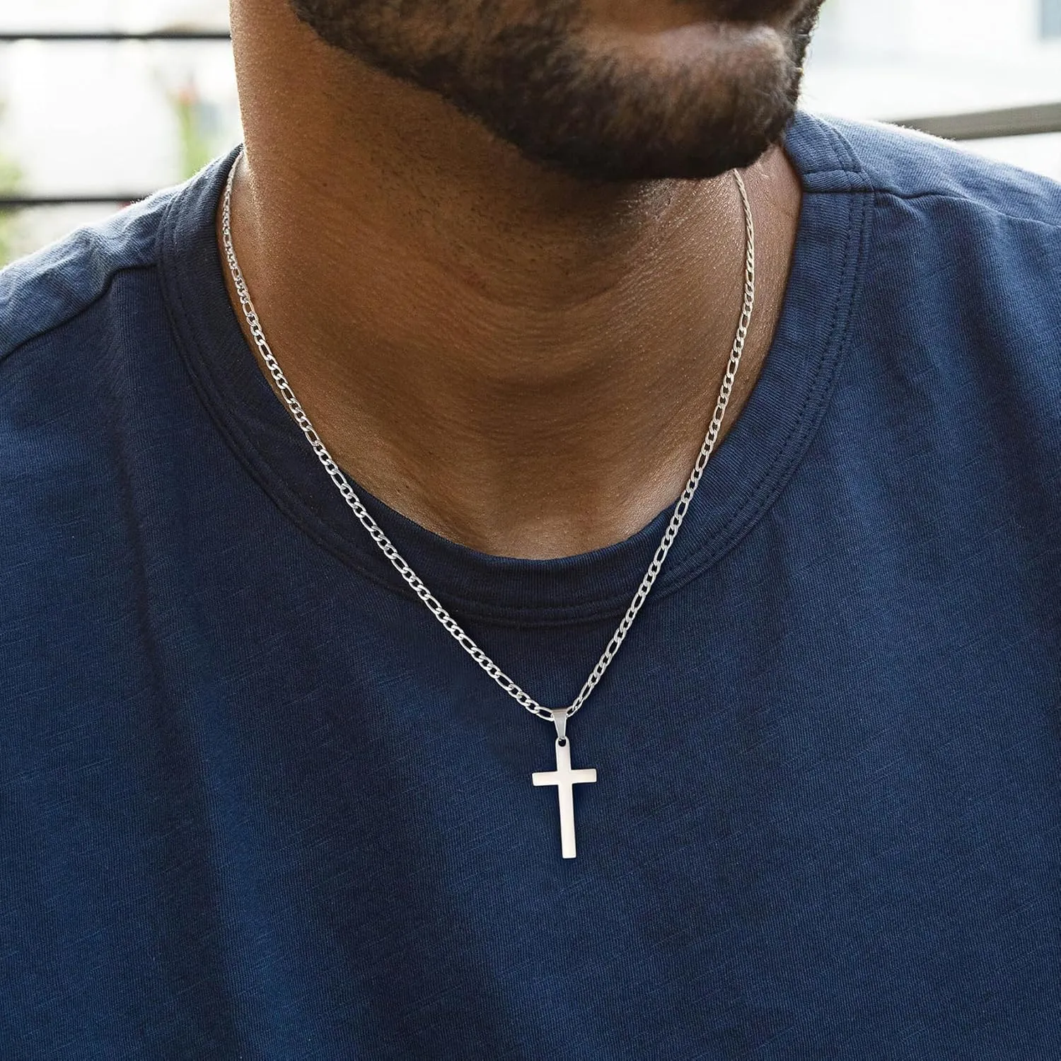 LUXEJEW Stainless Steel Cross Necklaces for Men Women Black Silver Gold Figaro Chain Cross Pendant Necklace Mens Jewelry 16-24 Inches