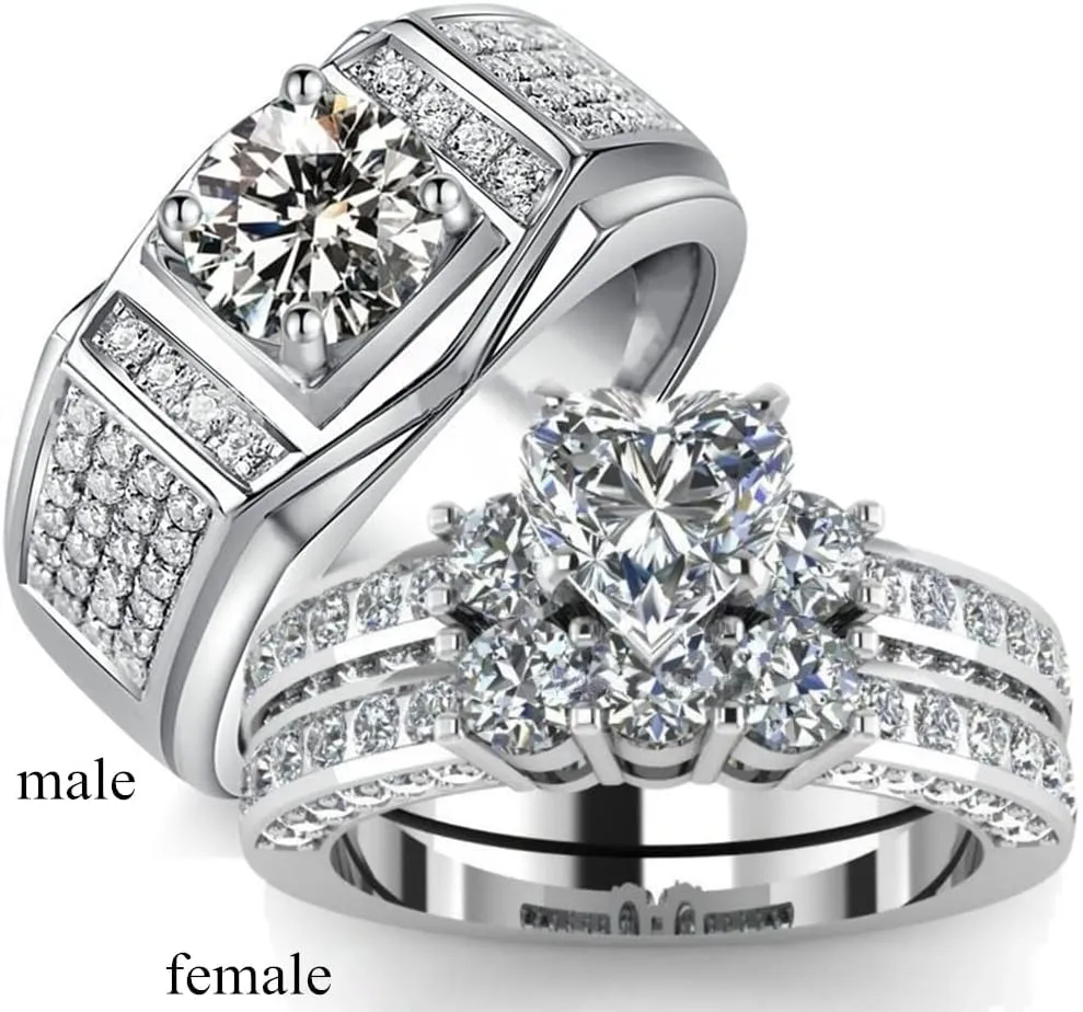 Luxury Couple Rings Women's Heart White Crystal Rhinestones Rings Set Men's CZ Stainless Steel Ring Wedding Engagement Jewelry O901B (Male-12)