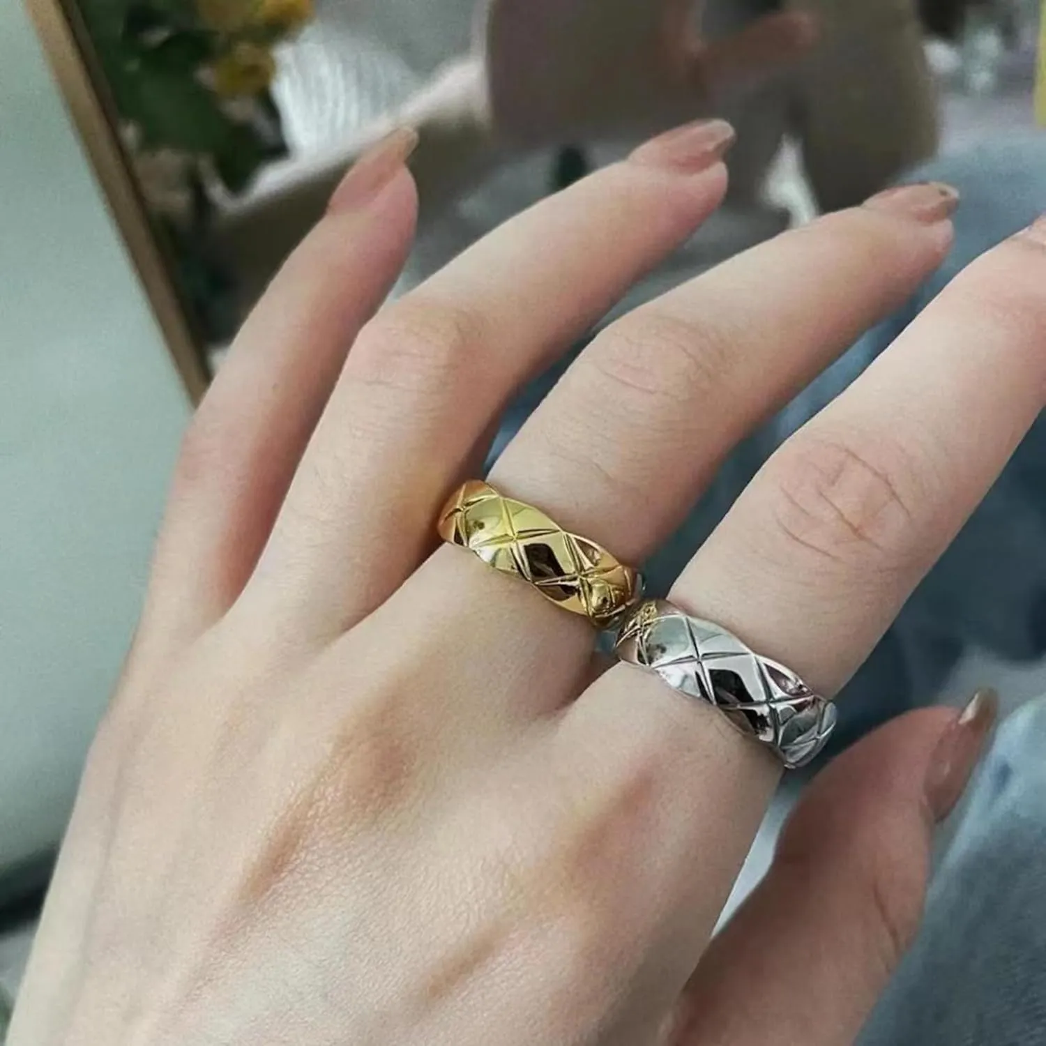 Luxury Designer 18K Gold Plating Crush Ring Surface Width Narrow 3.5mm Medium 7mm Wide 11mm Lozenge Pattern Cross Ring for Women Men Classic Simple Fashion