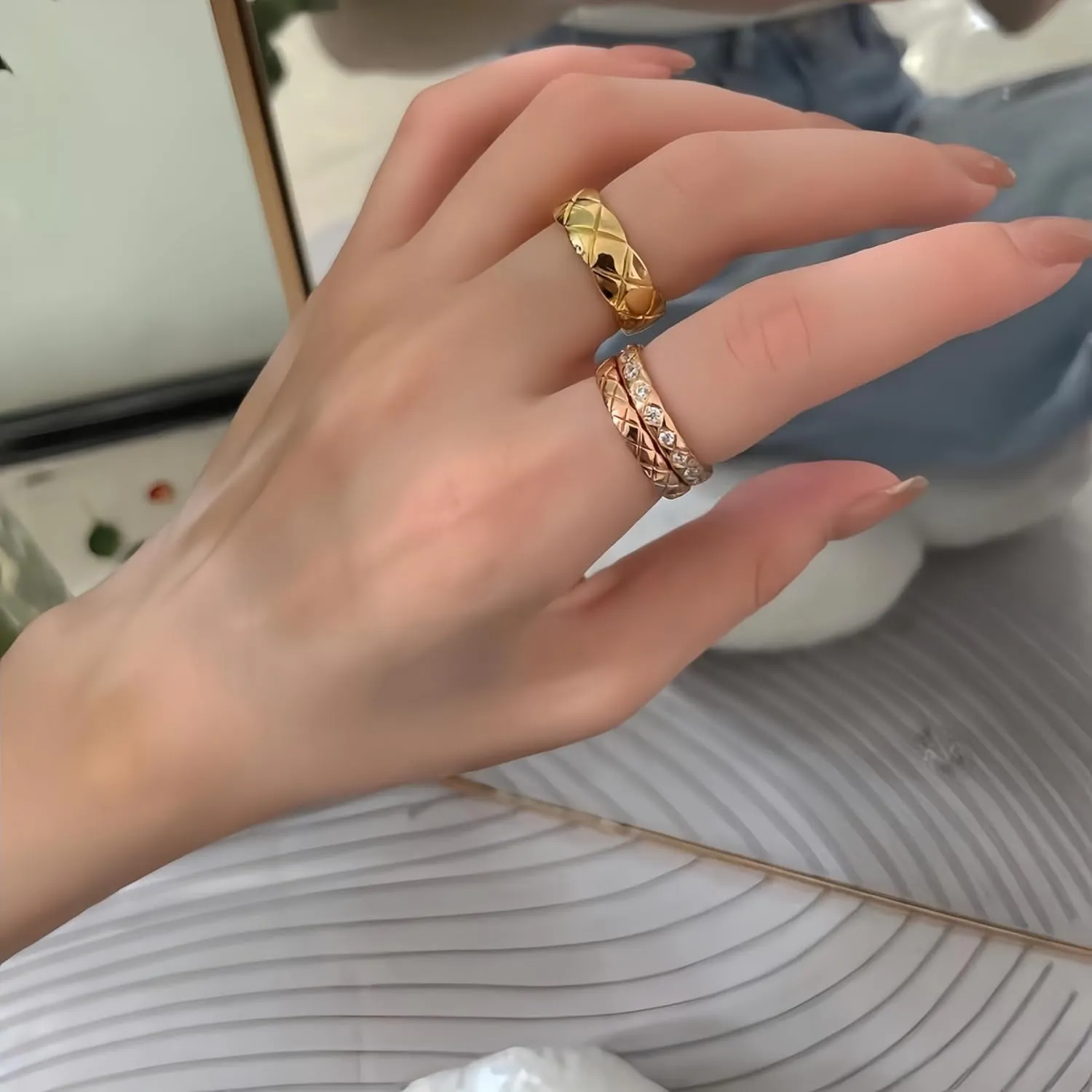 Luxury Designer 18K Gold Plating Crush Ring Surface Width Narrow 3.5mm Medium 7mm Wide 11mm Lozenge Pattern Cross Ring for Women Men Classic Simple Fashion
