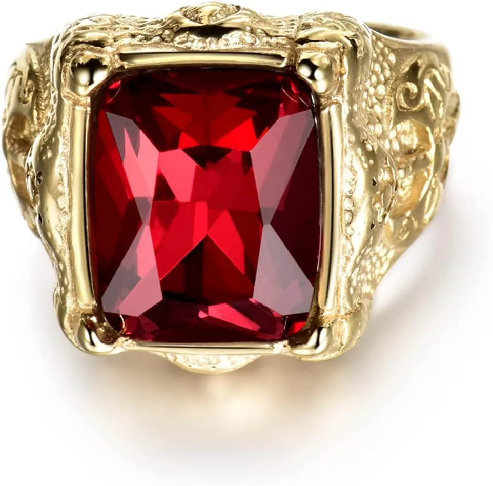 Luxury Gold Tone Engraved Mens Stainless Steel Rings with Red Ruby Garnet Color Stone Size 8-12