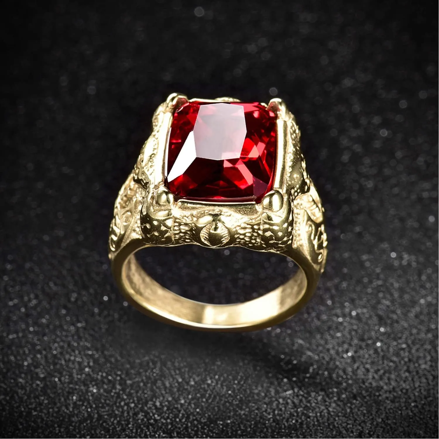 Luxury Gold Tone Engraved Mens Stainless Steel Rings with Red Ruby Garnet Color Stone Size 8-12