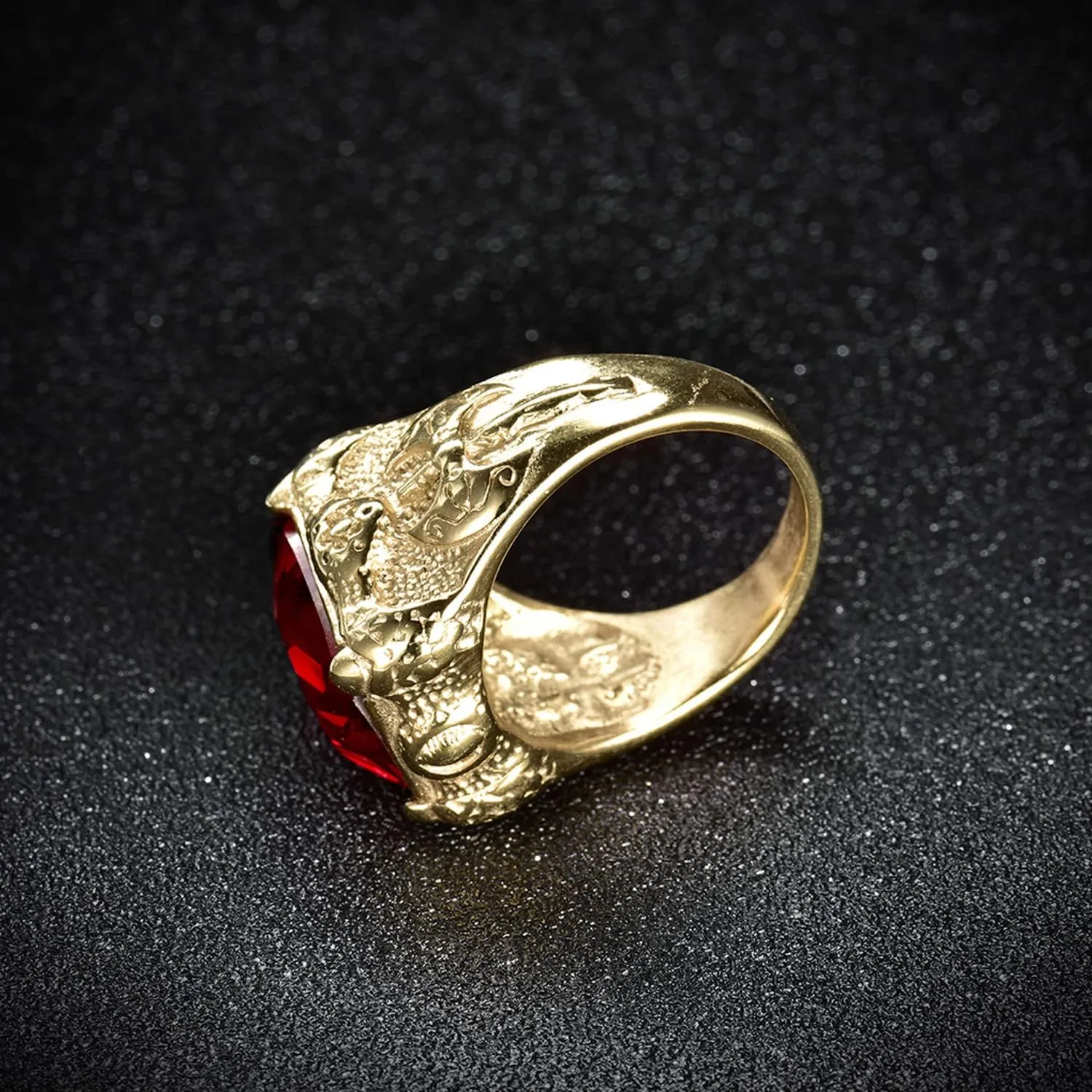 Luxury Gold Tone Engraved Mens Stainless Steel Rings with Red Ruby Garnet Color Stone Size 8-12