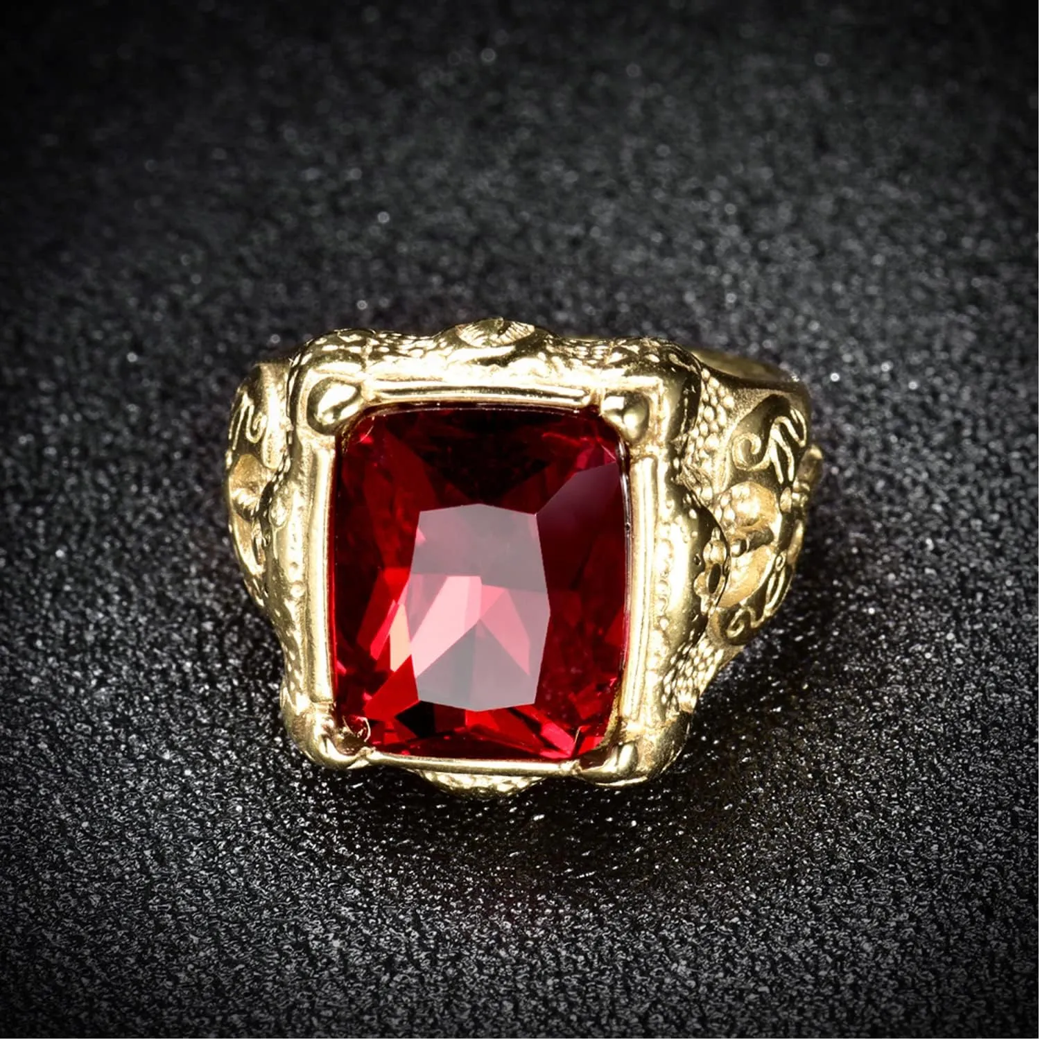 Luxury Gold Tone Engraved Mens Stainless Steel Rings with Red Ruby Garnet Color Stone Size 8-12