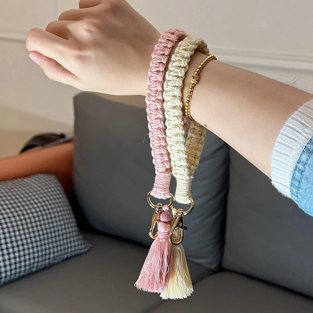 Macrame Boho Handmade Cute Bracelet Holder Keychain Wristlet Key Chain Wrist Lanyard for Women Girls