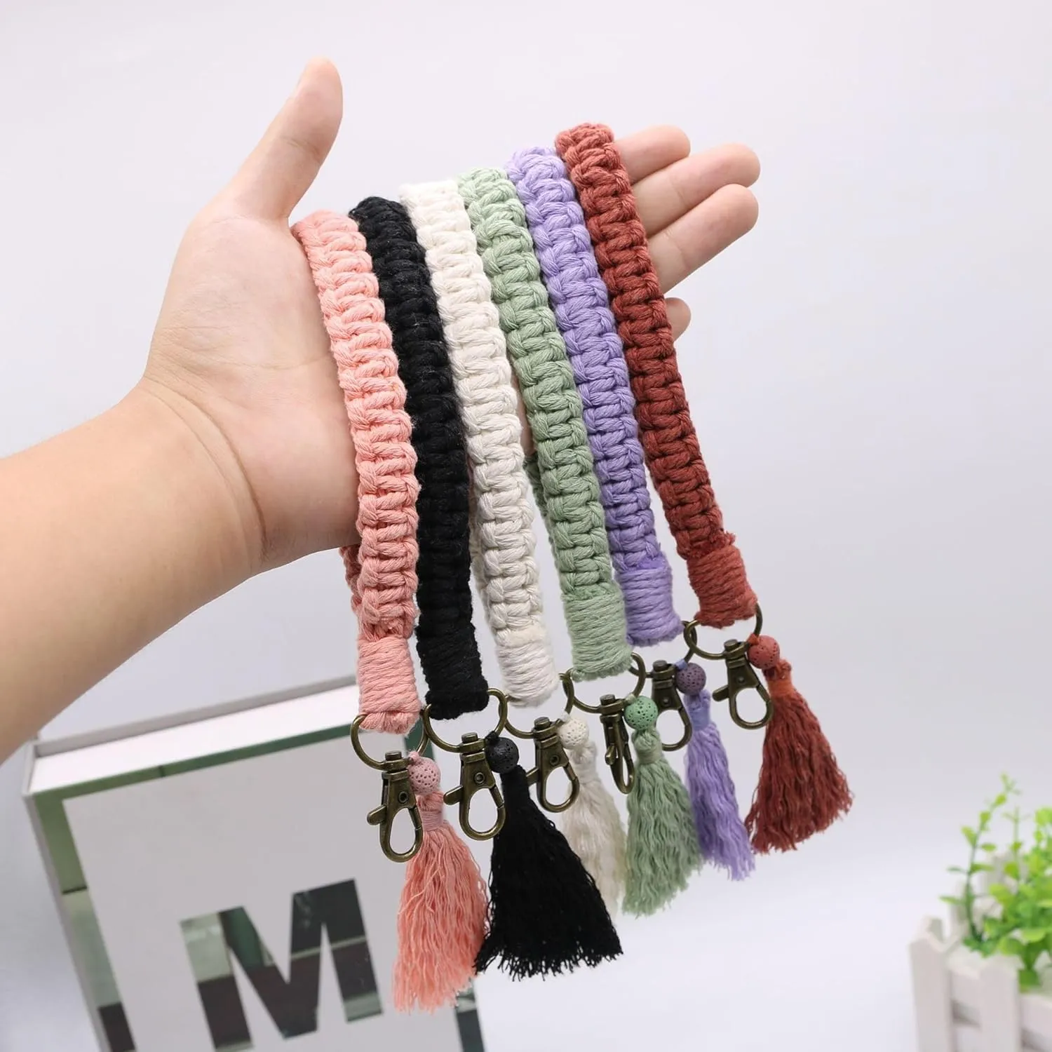 Macrame Boho Keychain Bracelet with Tassels Palm Leaf Charm Handmade Wristlet Keychain Keyring Holder for Women