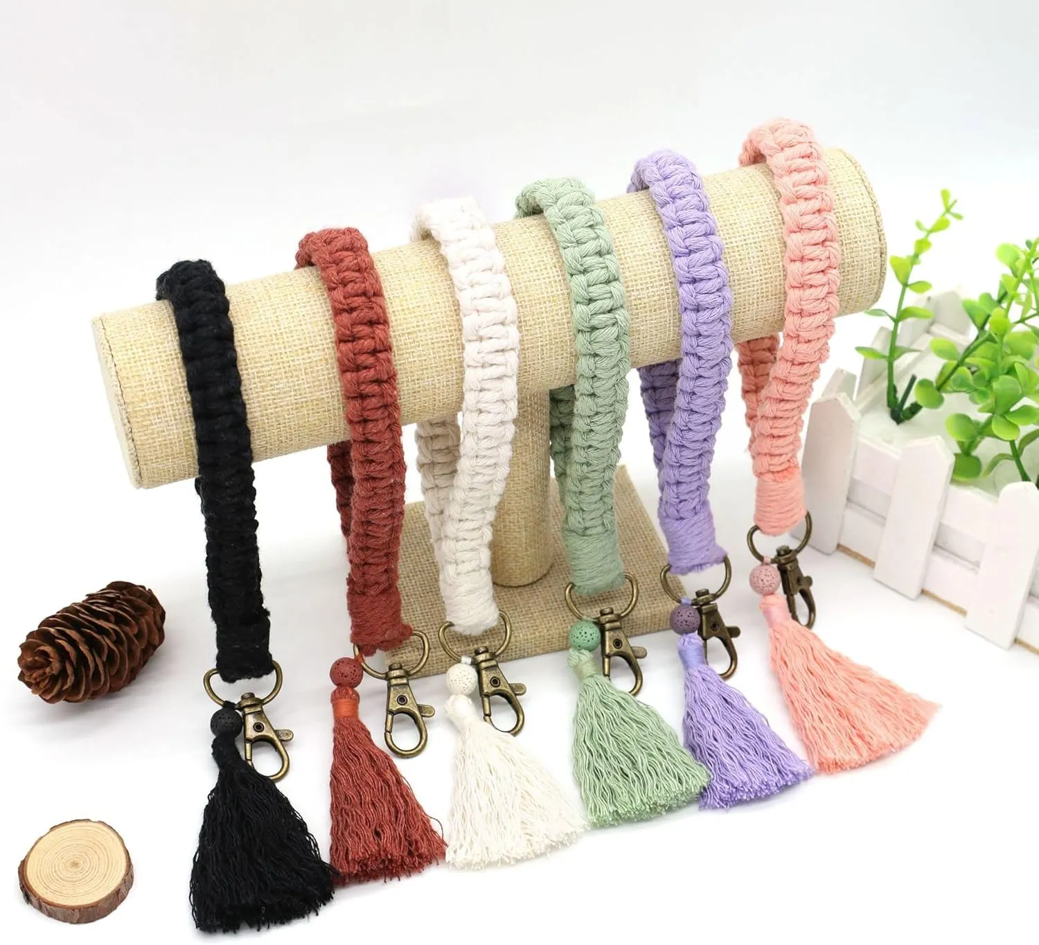 Macrame Boho Keychain Bracelet with Tassels Palm Leaf Charm Handmade Wristlet Keychain Keyring Holder for Women