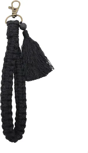 Macrame Boho Keychain Bracelet with Tassels Palm Leaf Charm Handmade Wristlet Keychain Keyring Holder for Women