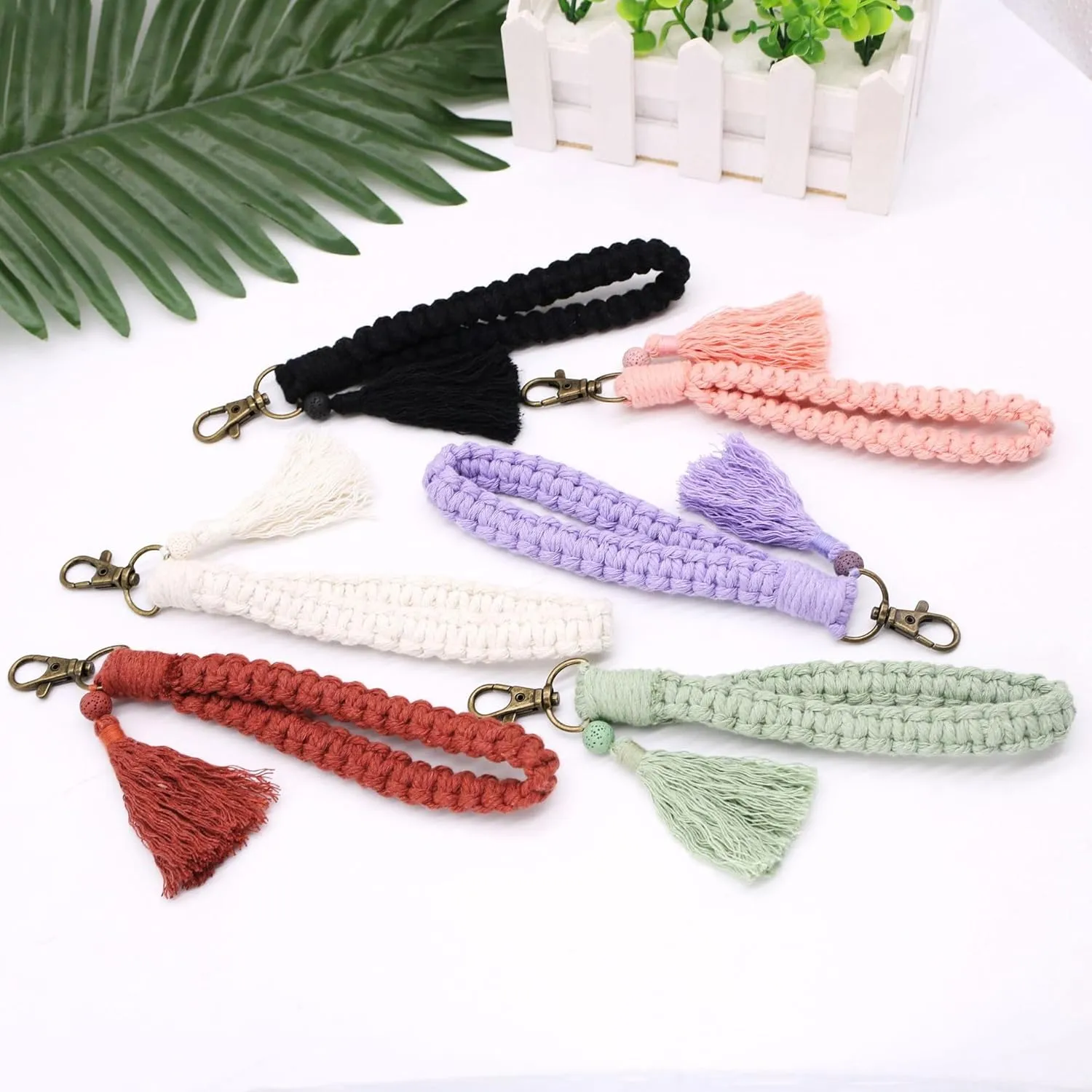 Macrame Boho Keychain Bracelet with Tassels Palm Leaf Charm Handmade Wristlet Keychain Keyring Holder for Women