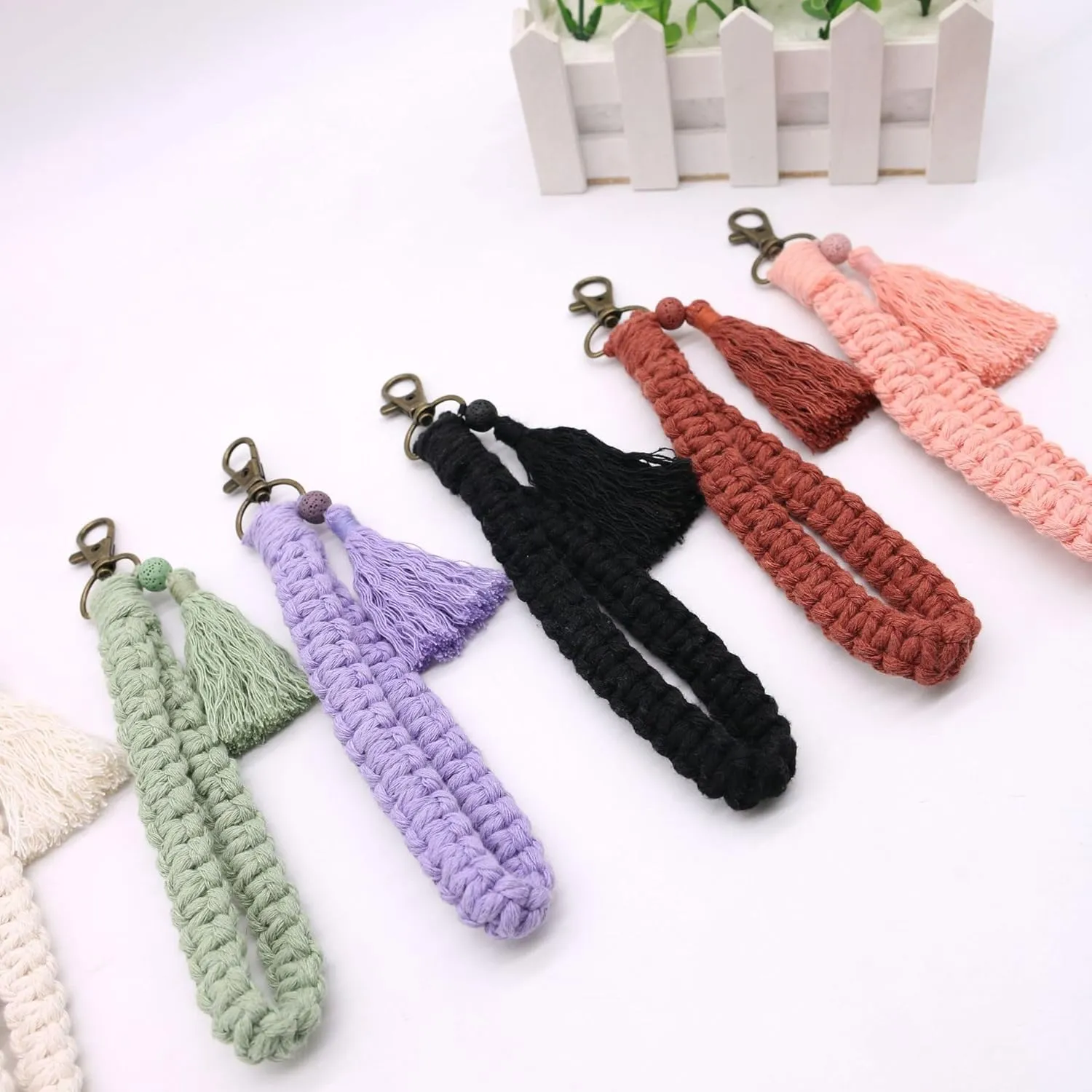 Macrame Boho Keychain Bracelet with Tassels Palm Leaf Charm Handmade Wristlet Keychain Keyring Holder for Women