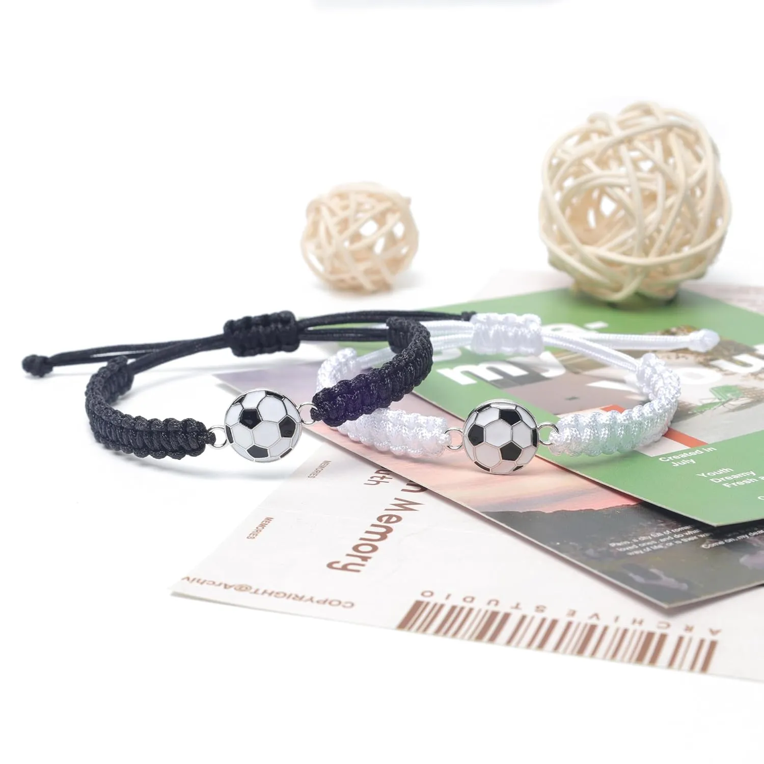 MANYC 2pcs Braided Sport Bracelets, Sports Accessories Adjustable, Baseball, Volleyball, Basketball, Soccer, Football Jewelry for Fans, Ideal for Birthday or Halloween Gifts (Soccer 2PCS)