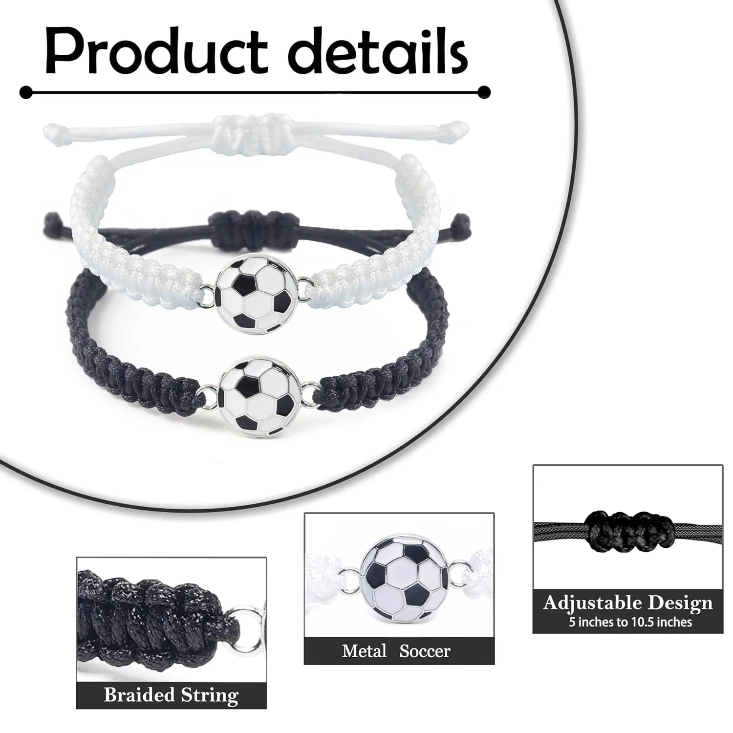 MANYC 2pcs Braided Sport Bracelets, Sports Accessories Adjustable, Baseball, Volleyball, Basketball, Soccer, Football Jewelry for Fans, Ideal for Birthday or Halloween Gifts (Soccer 2PCS)