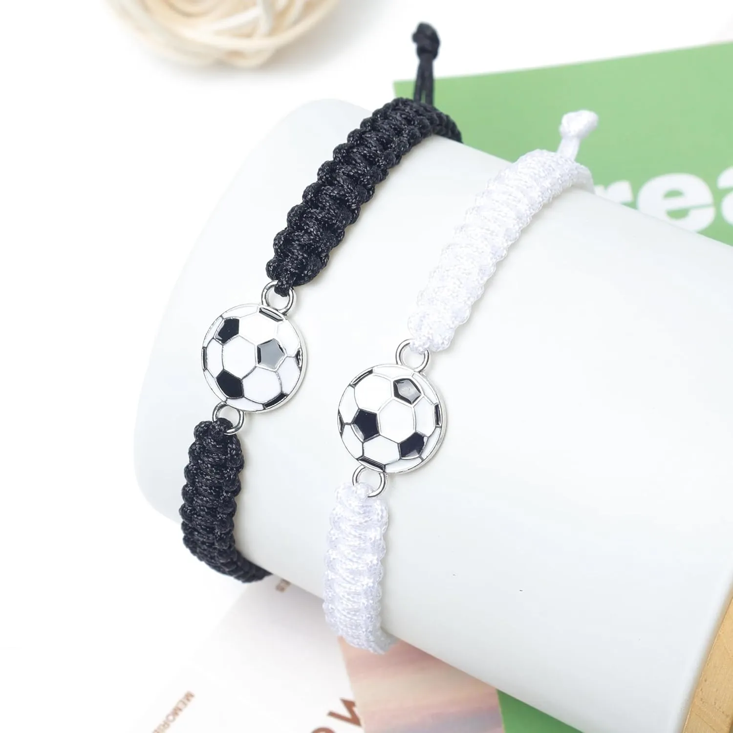 MANYC 2pcs Braided Sport Bracelets, Sports Accessories Adjustable, Baseball, Volleyball, Basketball, Soccer, Football Jewelry for Fans, Ideal for Birthday or Halloween Gifts (Soccer 2PCS)