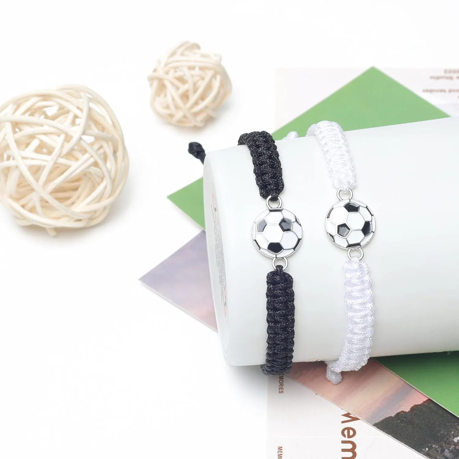 MANYC 2pcs Braided Sport Bracelets, Sports Accessories Adjustable, Baseball, Volleyball, Basketball, Soccer, Football Jewelry for Fans, Ideal for Birthday or Halloween Gifts (Soccer 2PCS)