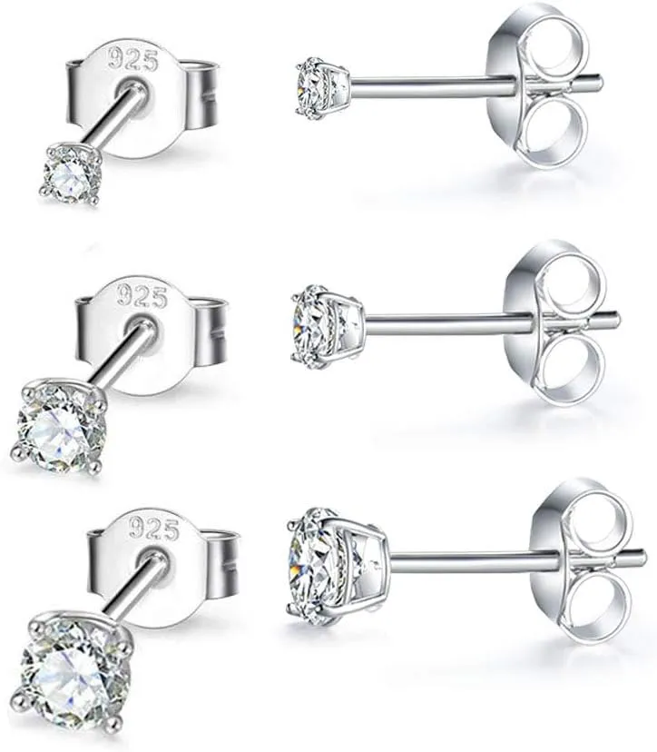 MASOP VOGU 2-8mm Sterling Silver Cubic Zirconia Stud Earrings Set Hypoallergenic Tiny Round Ball 14K White Gold Plated Round Cut CZ Simulated Diamond Cartilage Studs for Women Men