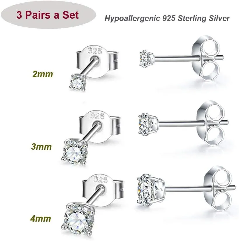 MASOP VOGU 2-8mm Sterling Silver Cubic Zirconia Stud Earrings Set Hypoallergenic Tiny Round Ball 14K White Gold Plated Round Cut CZ Simulated Diamond Cartilage Studs for Women Men