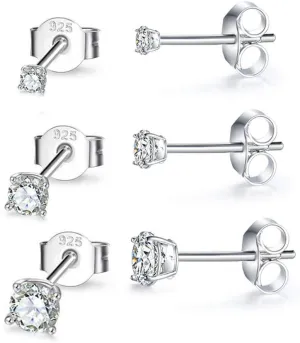 MASOP VOGU 2-8mm Sterling Silver Cubic Zirconia Stud Earrings Set Hypoallergenic Tiny Round Ball 14K White Gold Plated Round Cut CZ Simulated Diamond Cartilage Studs for Women Men