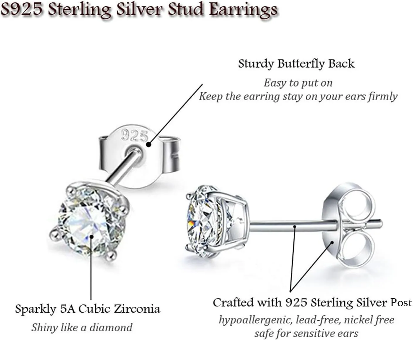 MASOP VOGU 2-8mm Sterling Silver Cubic Zirconia Stud Earrings Set Hypoallergenic Tiny Round Ball 14K White Gold Plated Round Cut CZ Simulated Diamond Cartilage Studs for Women Men