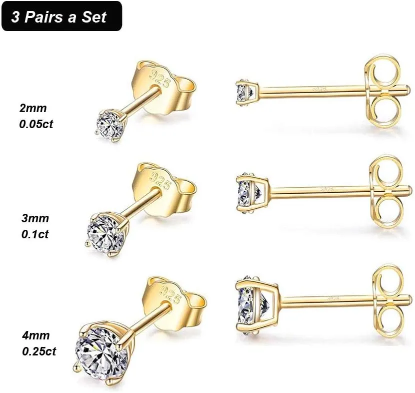 MASOP VOGU 2-8mm Sterling Silver Cubic Zirconia Stud Earrings Set Hypoallergenic Tiny Round Ball 14K White Gold Plated Round Cut CZ Simulated Diamond Cartilage Studs for Women Men