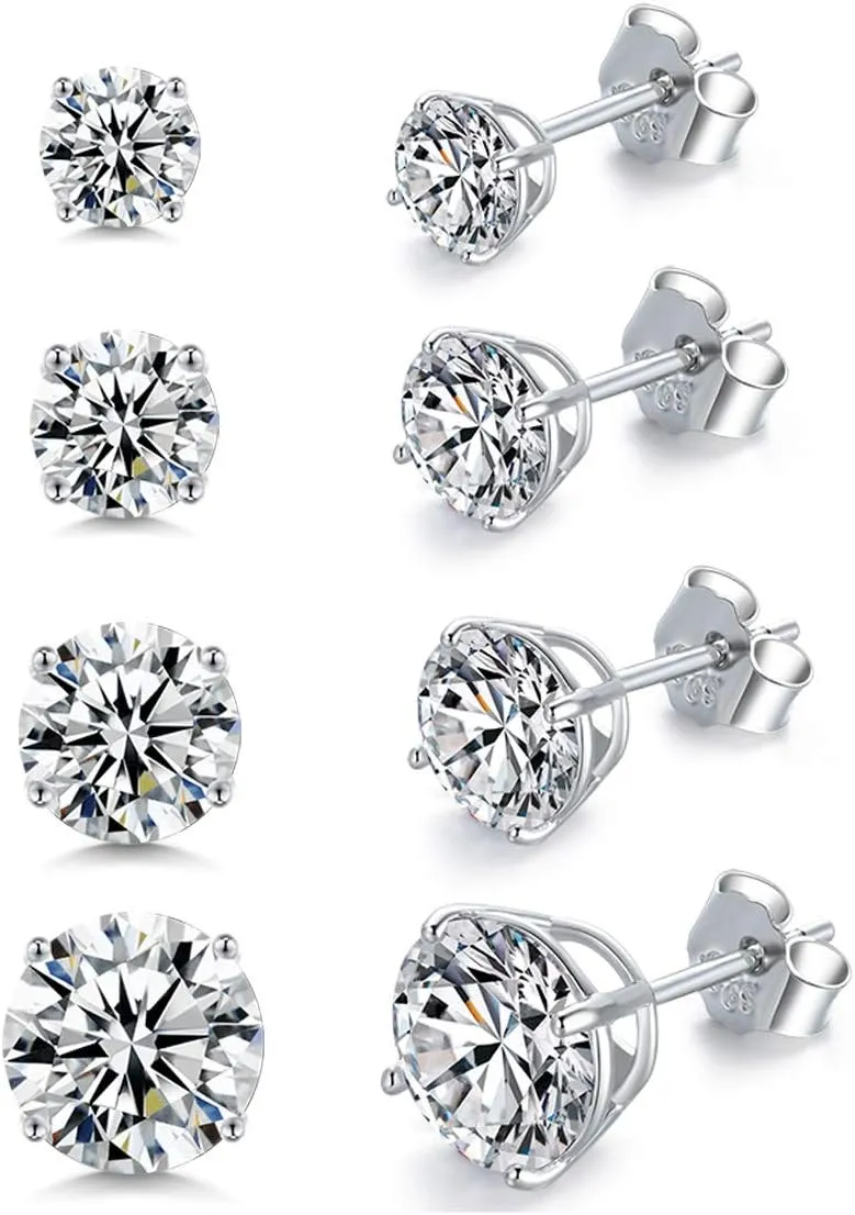 MASOP VOGU 2-8mm Sterling Silver Cubic Zirconia Stud Earrings Set Hypoallergenic Tiny Round Ball 14K White Gold Plated Round Cut CZ Simulated Diamond Cartilage Studs for Women Men