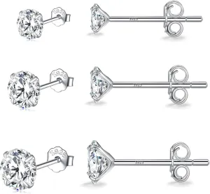 MASOP VOGU 3-5mm Sterling Silver Stud Earrings Set 14K White Gold Plated Hypoallergenic Tiny Round Cut CZ Cubic Zirconia Simulated Diamond Cartilage Studs for Women Men