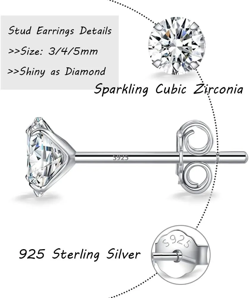 MASOP VOGU 3-5mm Sterling Silver Stud Earrings Set 14K White Gold Plated Hypoallergenic Tiny Round Cut CZ Cubic Zirconia Simulated Diamond Cartilage Studs for Women Men