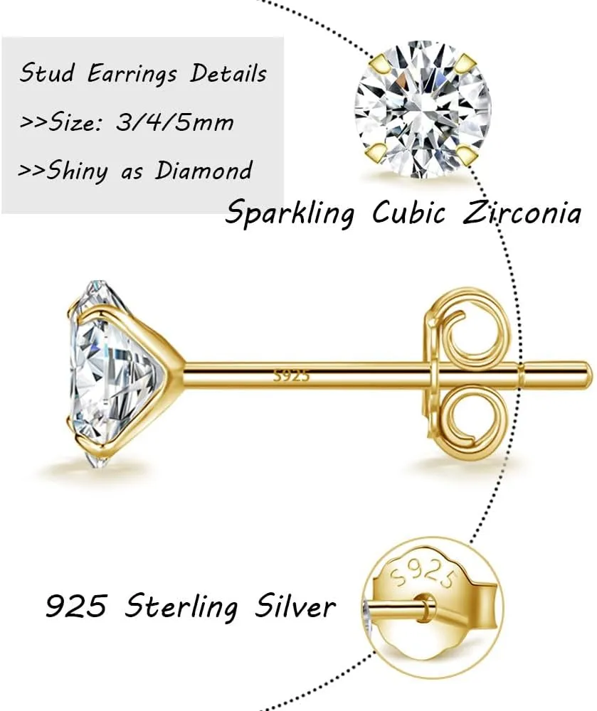 MASOP VOGU 3-5mm Sterling Silver Stud Earrings Set 14K White Gold Plated Hypoallergenic Tiny Round Cut CZ Cubic Zirconia Simulated Diamond Cartilage Studs for Women Men