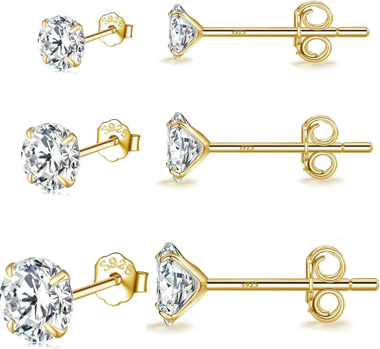 MASOP VOGU 3-5mm Sterling Silver Stud Earrings Set 14K White Gold Plated Hypoallergenic Tiny Round Cut CZ Cubic Zirconia Simulated Diamond Cartilage Studs for Women Men