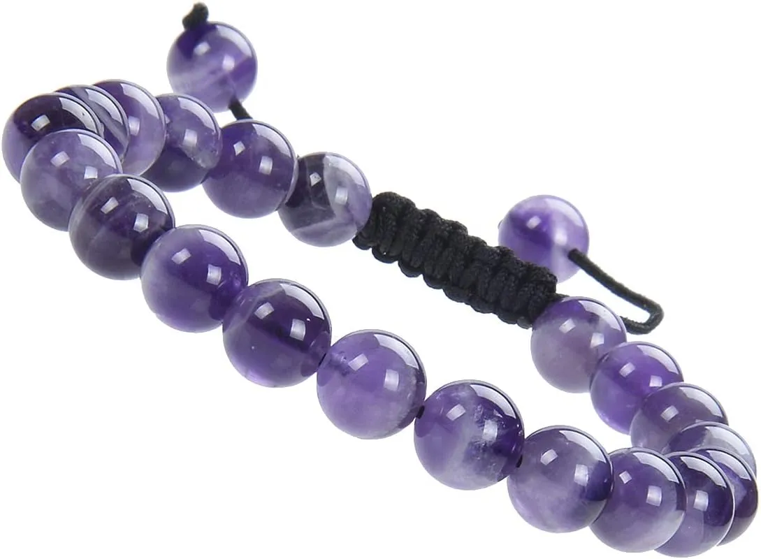 Massive Beads Natural Healing Power Gemstone Crystal Round Beads Unisex Adjustable Macrame Bracelets 8mm (Amethyst)